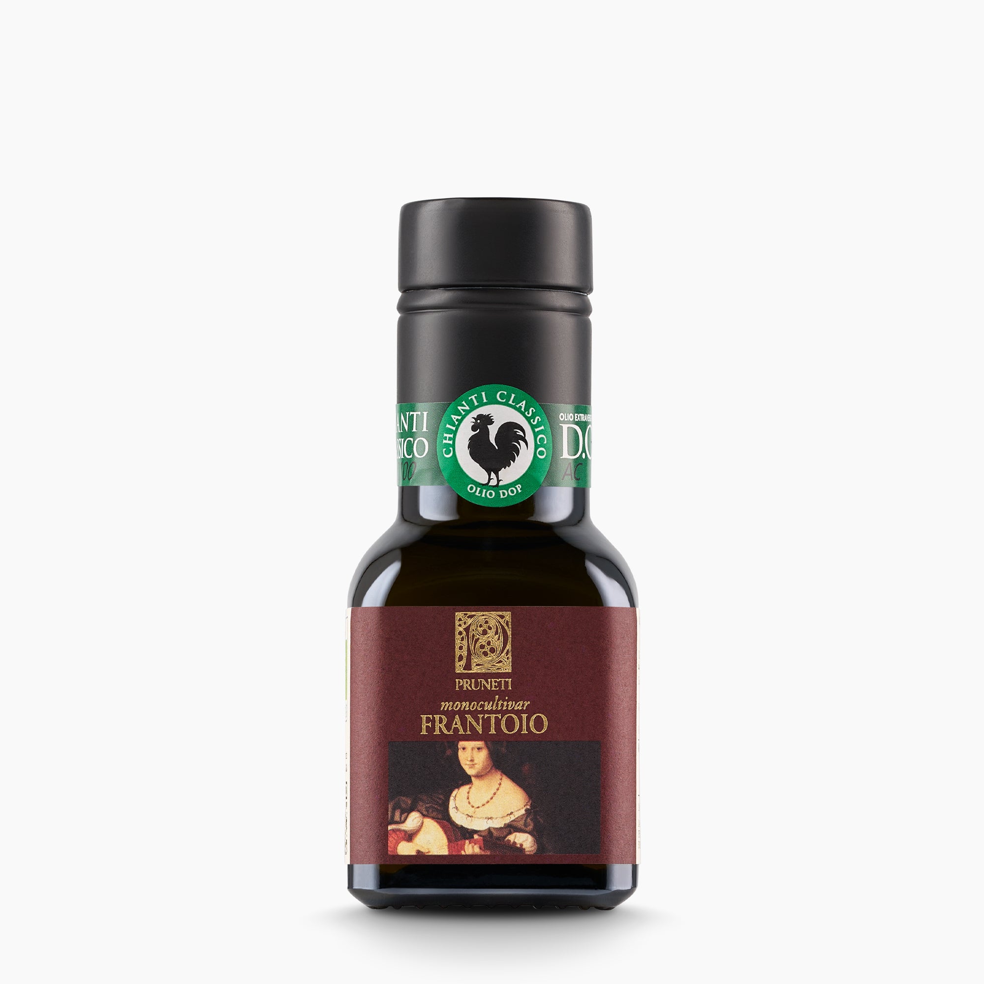100 ml bottle of Pruneti Organic Monocultivar Frantoio extra virgin olive oil.
