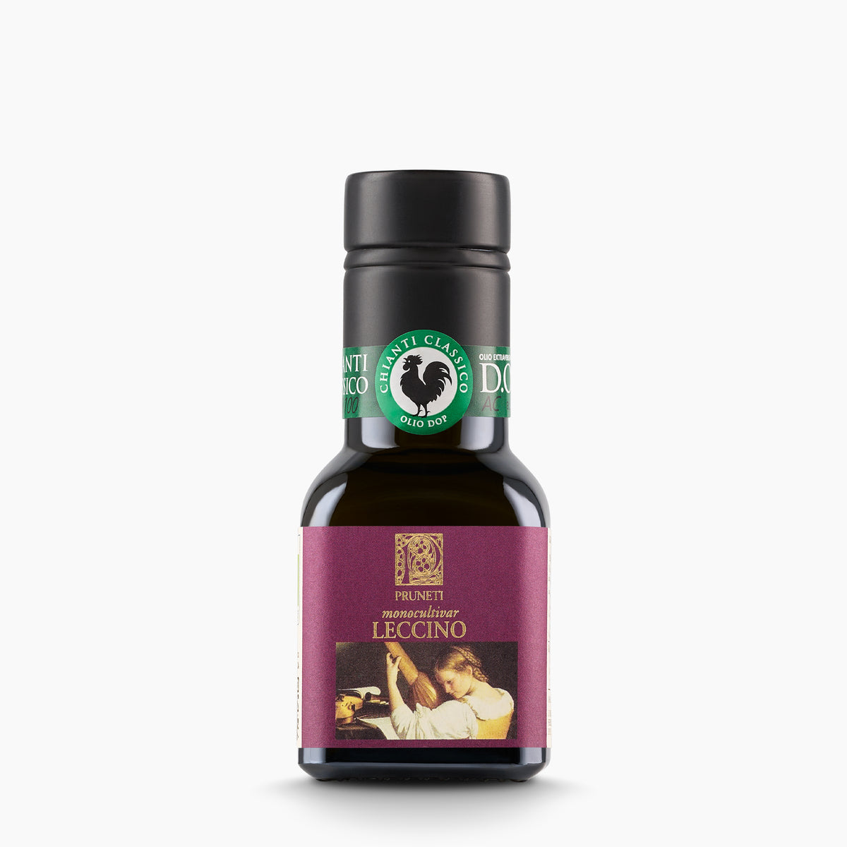 100 ml bottle of Pruneti Organic Monocultivar Leccino extra virgin olive oil.
