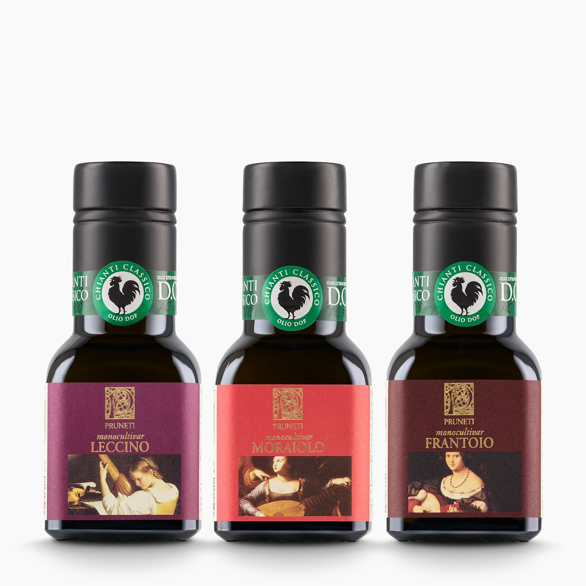 Pruneti Organic Monocultivar Sampler set with three 100 ml bottles; Leccino, Moraiolo, Frantoio.