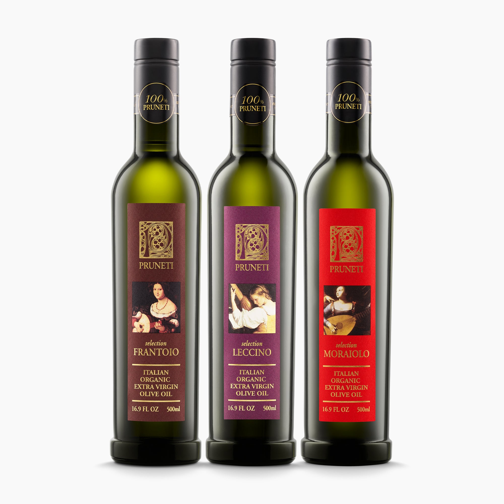 Three 500 ml extra virgin olive oil bottles from Pruneti; Frantoio, Leccino, and Moraiolo.