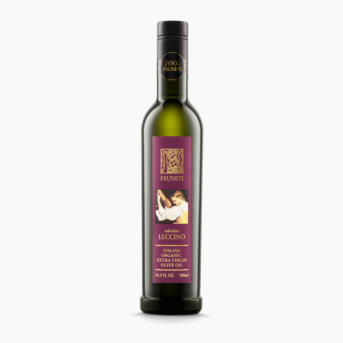 500 ml bottle of Pruneti Leccino Biologico extra virgin olive oil from Tuscany, Italy.