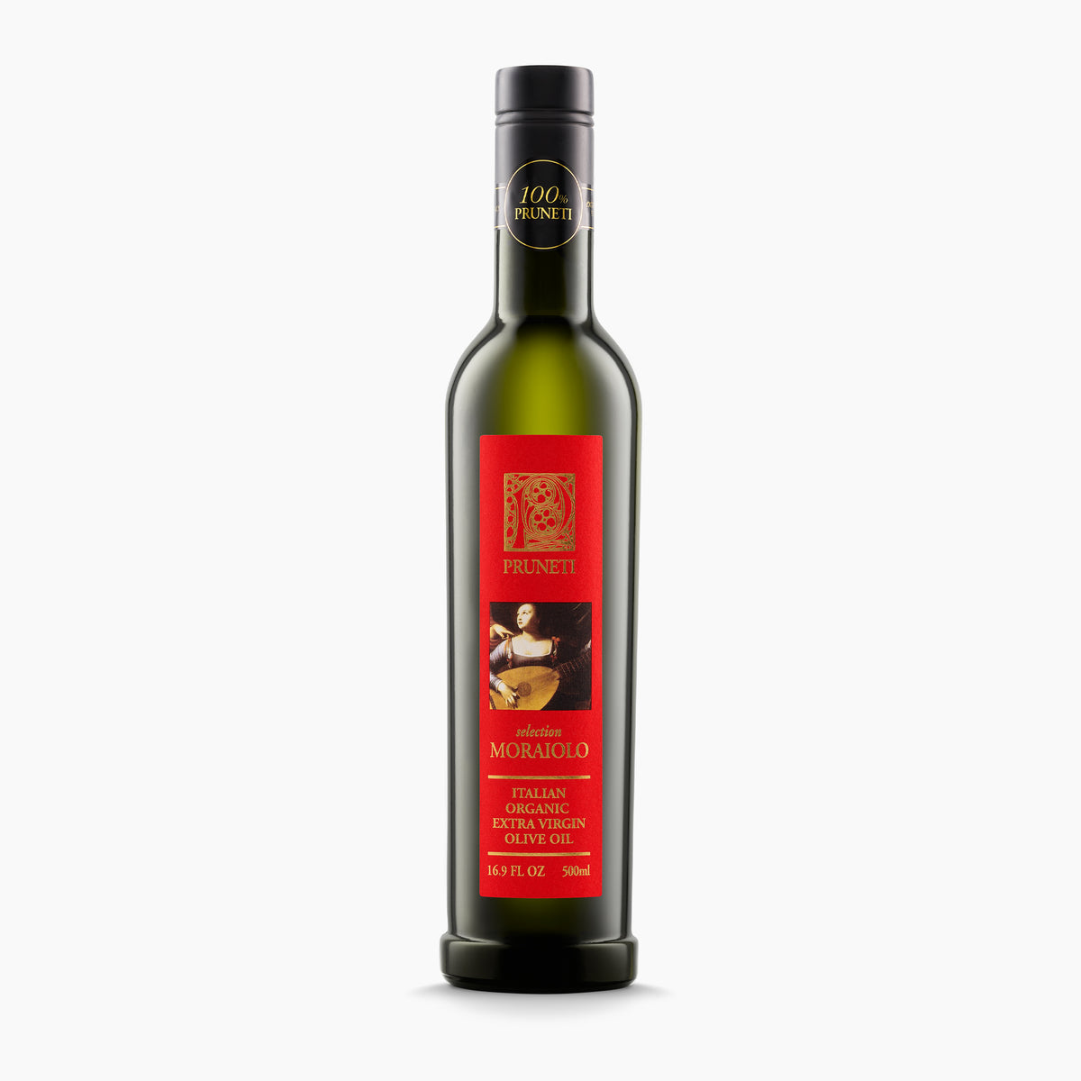 A 500 ml bottle of Pruneti Moraiolo Biologico extra virgin olive oil from Tuscany, Italy.