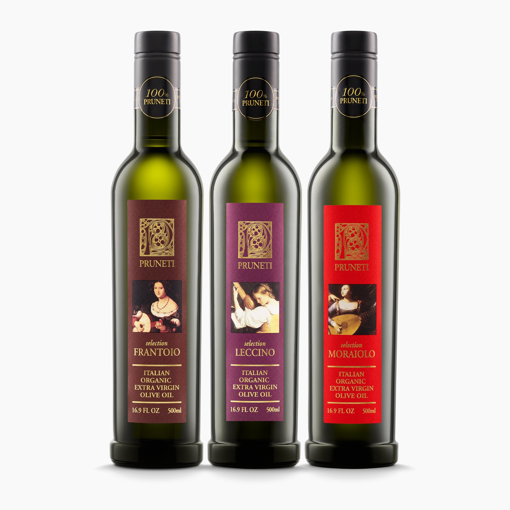 Three 500 ml extra virgin olive oil bottles from Pruneti; Frantoio, Leccino, and Moraiolo.