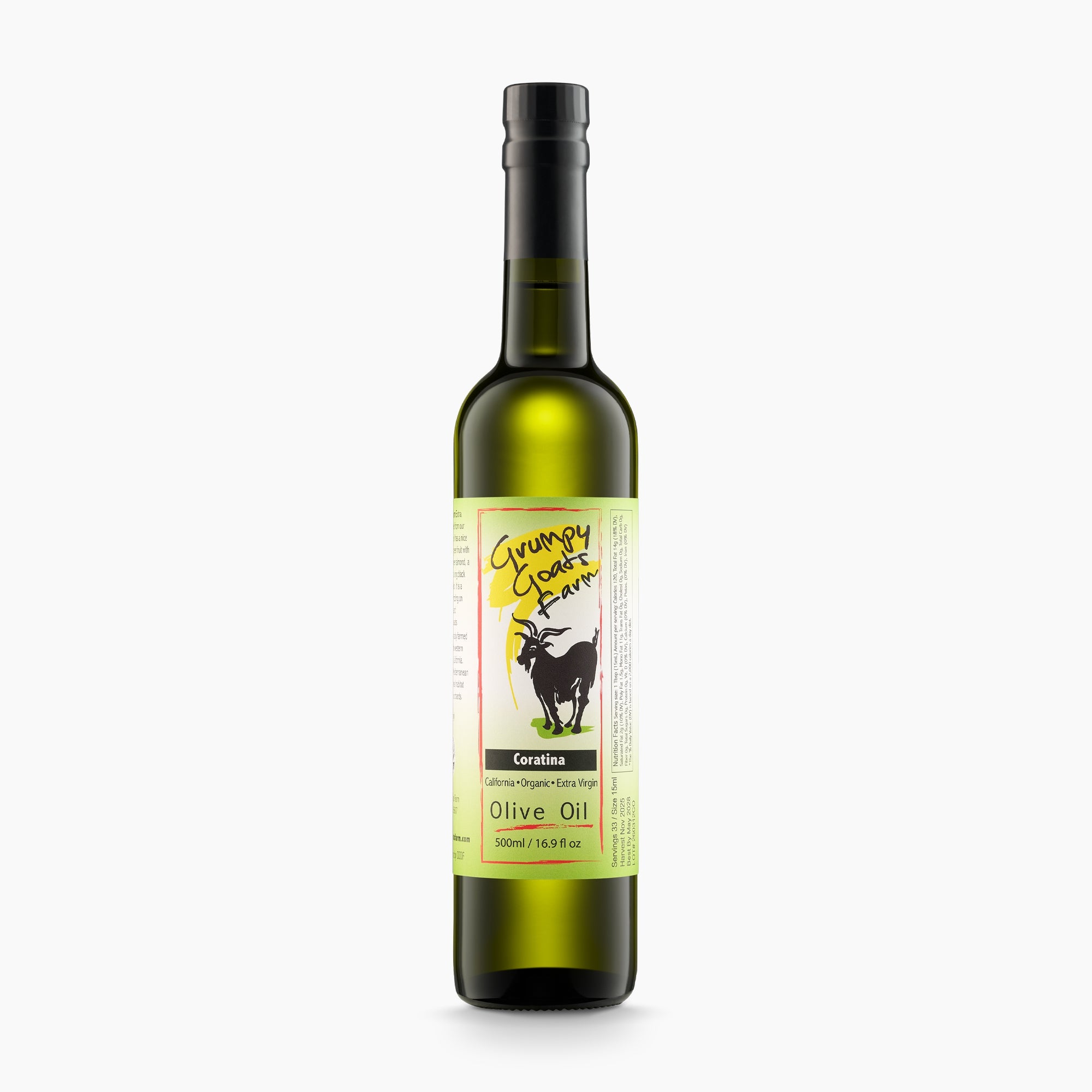500 ml Grumpy Goats Organic Coratina extra virgin olive oil bottle from California, USA.