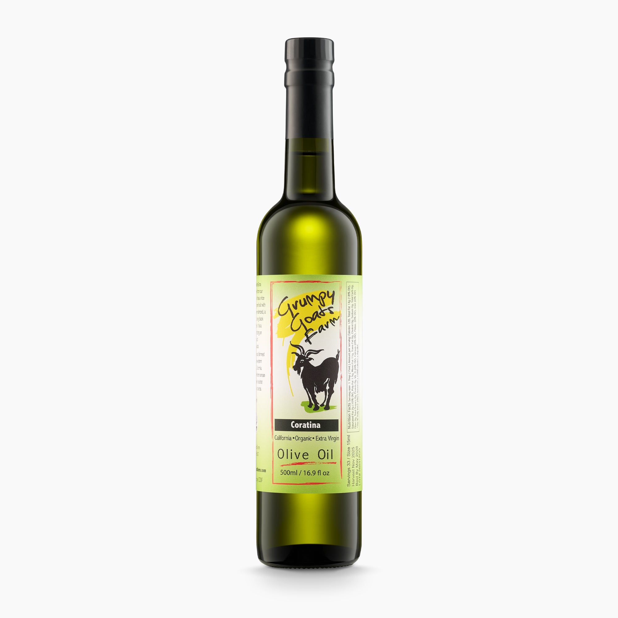 500 ml Grumpy Goats Organic Coratina extra virgin olive oil bottle from California, USA.