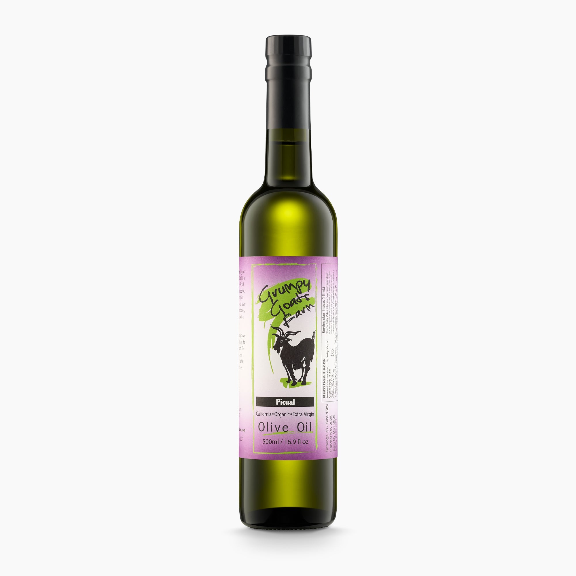 500 ml Grumpy Goats Organic Picual extra virgin olive oil bottle from California, United States.