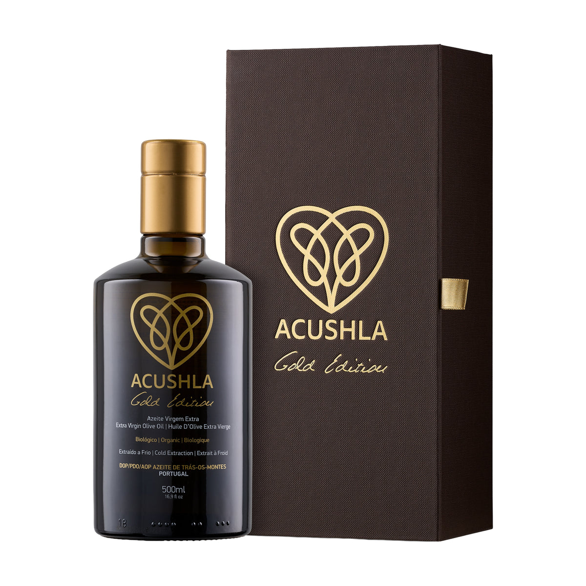 Acushla Gold Edition Organic DOP Trás-os-Montes 500 ml bottle beside its elegant gift box.