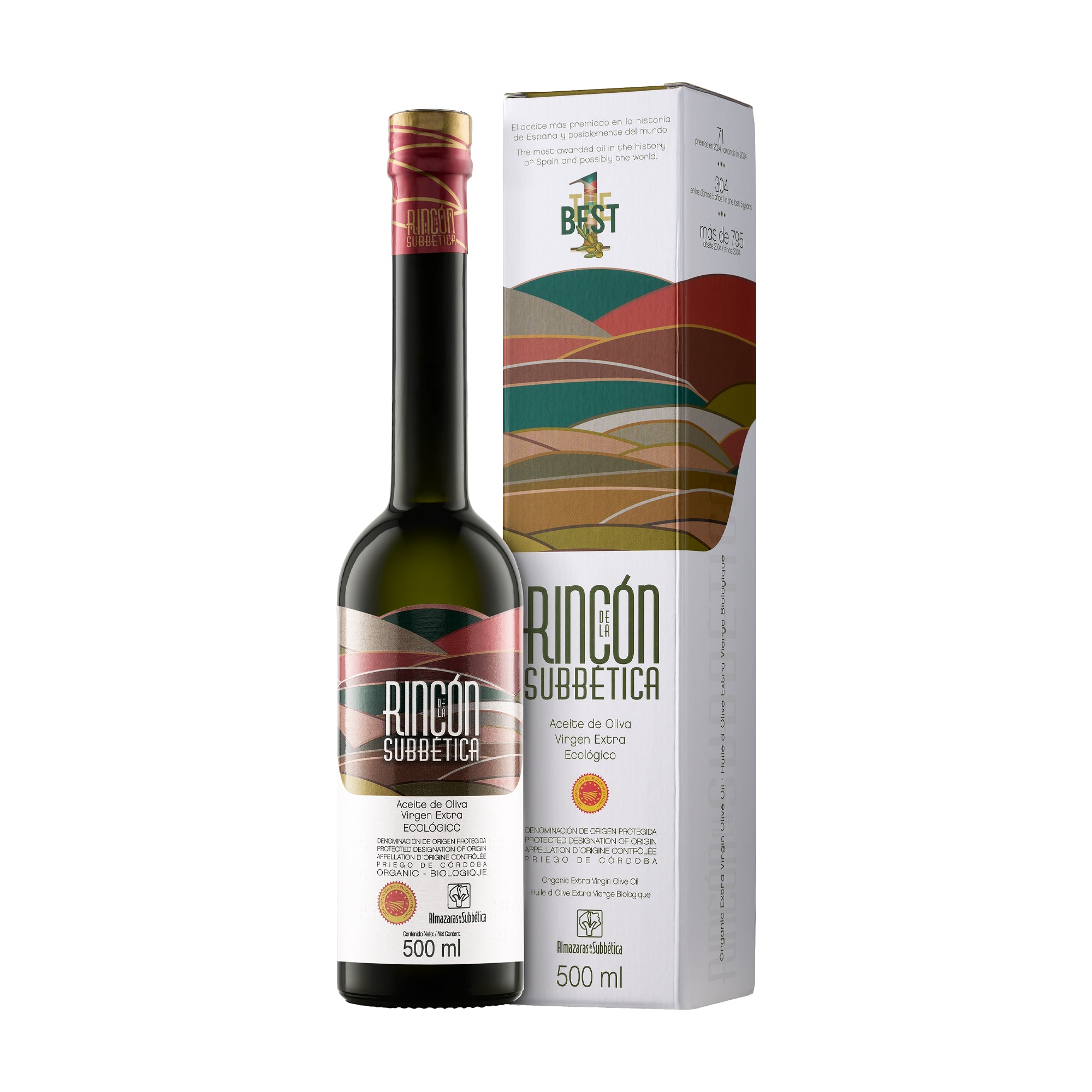 Rincón de la Subbética 500 ml organic extra virgin olive oil bottle with a gift box.