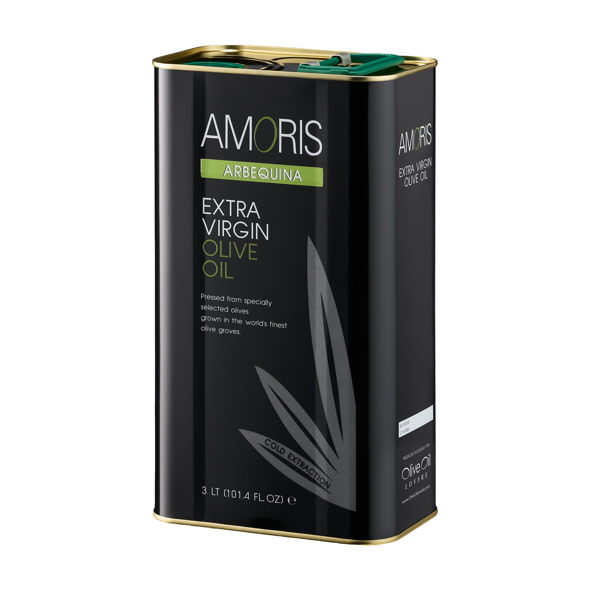 Angled view of Amoris Arbequina 3L Tin extra virgin olive oil from Andalusia, Spain.