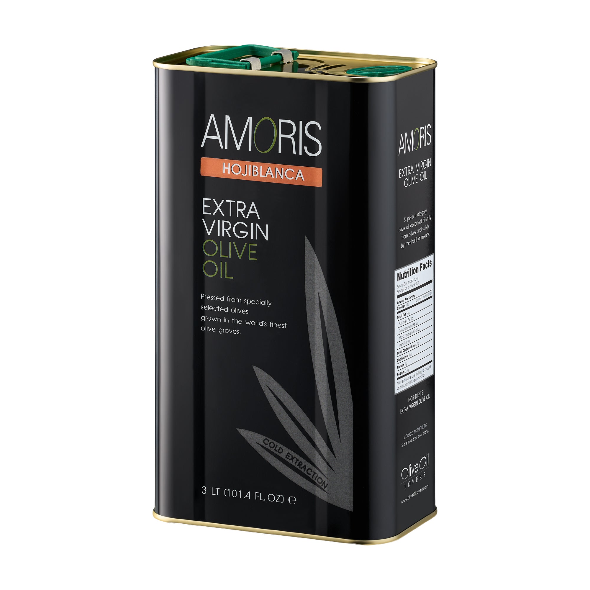 Angled view of Amoris Hojiblanca 3L Tin extra virgin olive oil from Andalusia, Spain.
