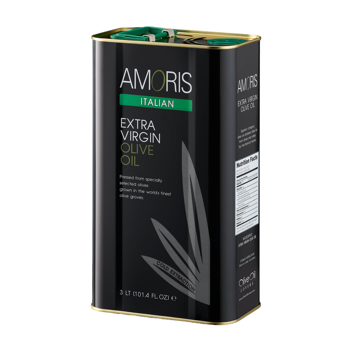 Angled view of Amoris Italian 3L Tin extra virgin olive oil.