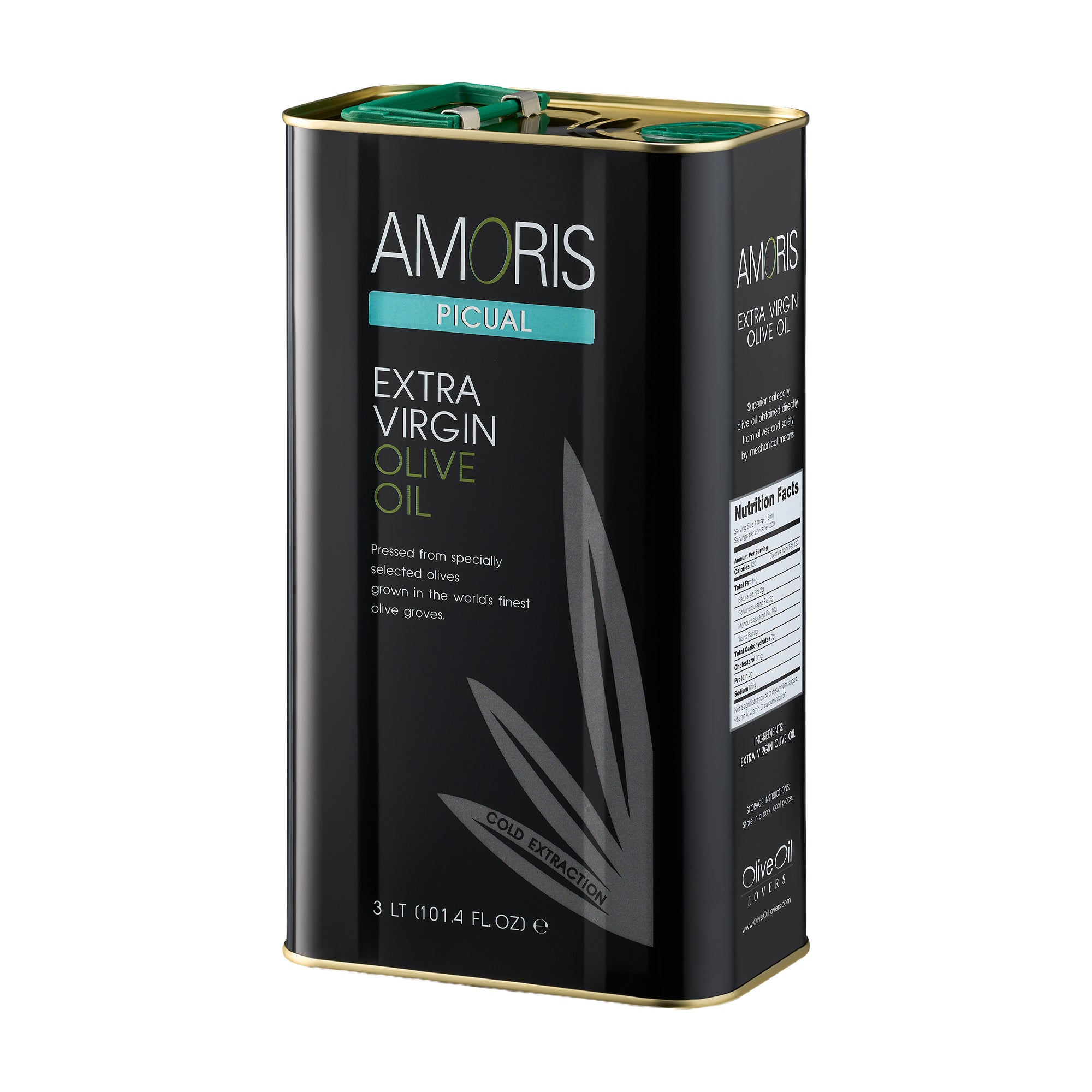 Angled view of Amoris Picual 3L Tin extra virgin olive oil from Andalusia, Spain.