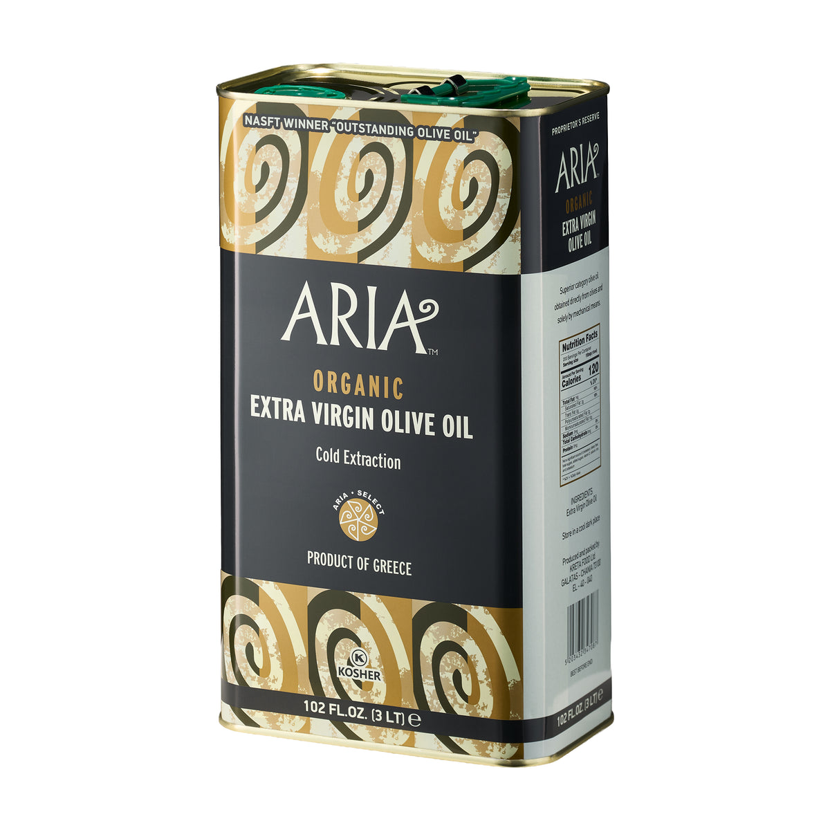 Angled view of Aria Organic 3L extra virgin olive oil tin from Crete, Greece.
