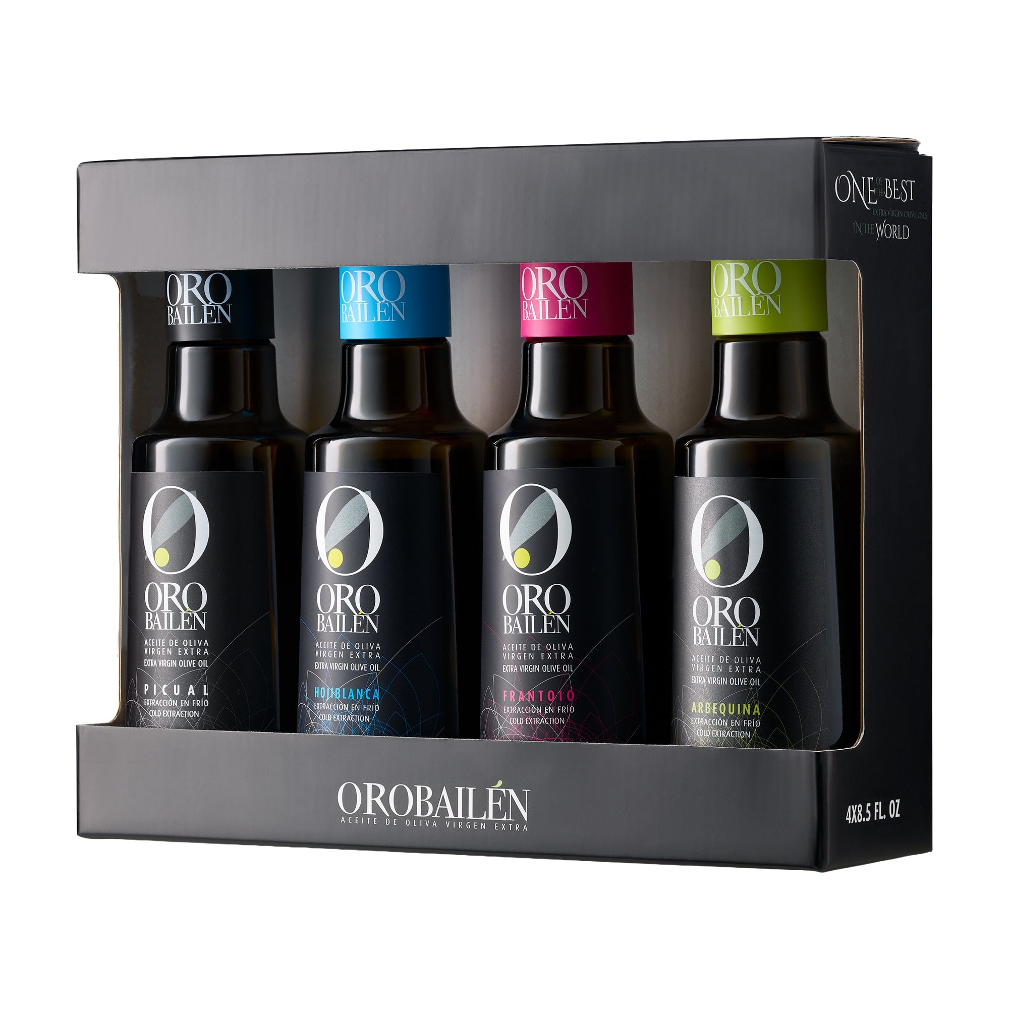 Oro Bailen Reserva Familiar Monocultivar Gift Set with four 250 ml bottles of extra virgin olive oil.