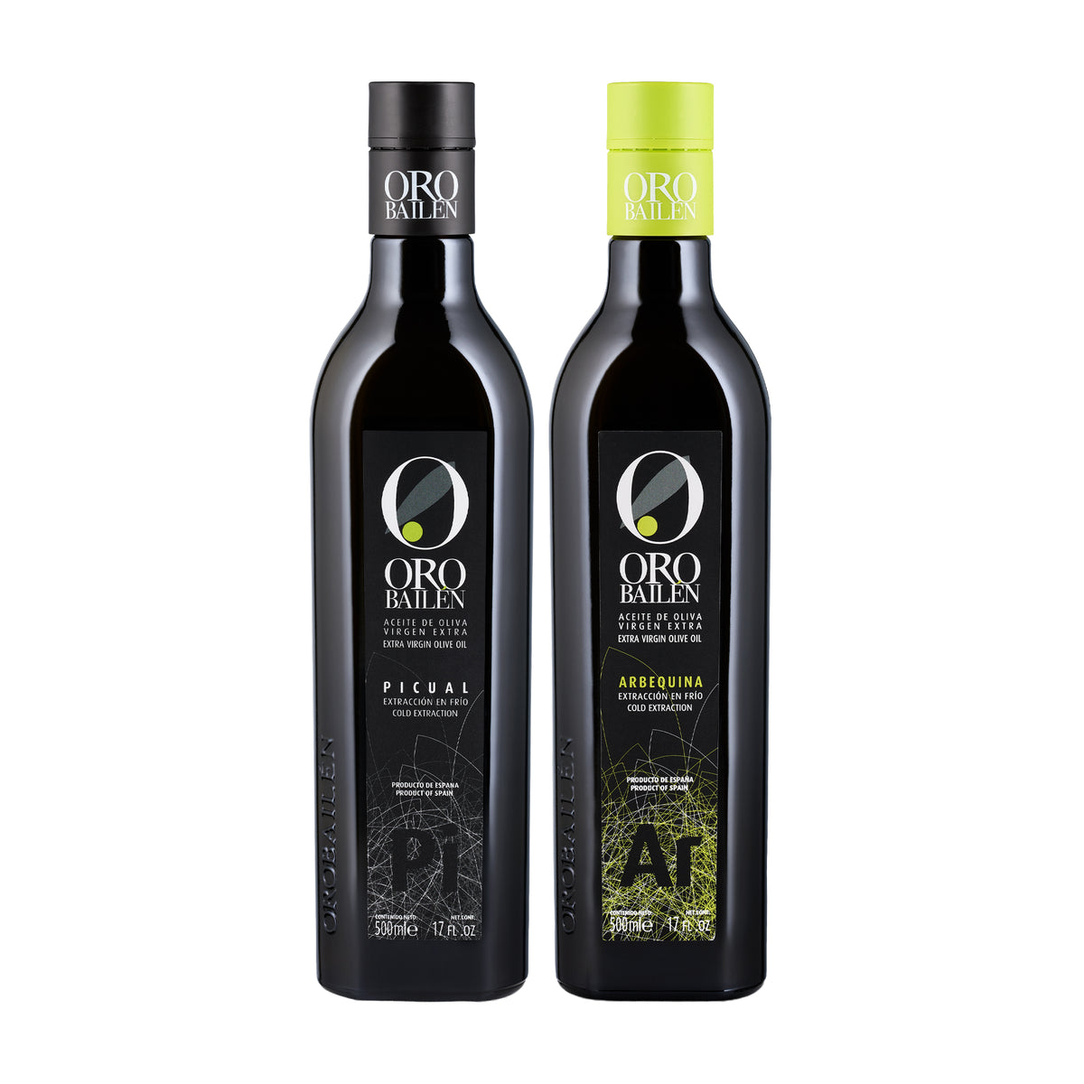 Two 500 ml bottles of Oro Bailen Reserva Familiar; Picual, and Arbequina.