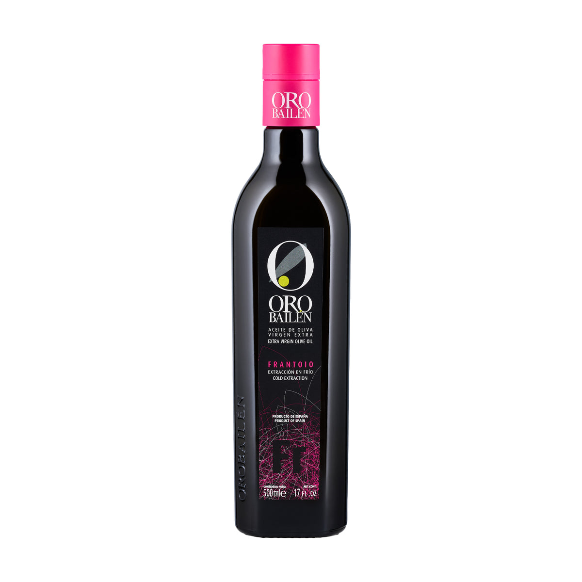 500 ml bottle of Oro Bailen Reserva Familiar Frantoio extra virgin olive oil from Andalusia, Spain.