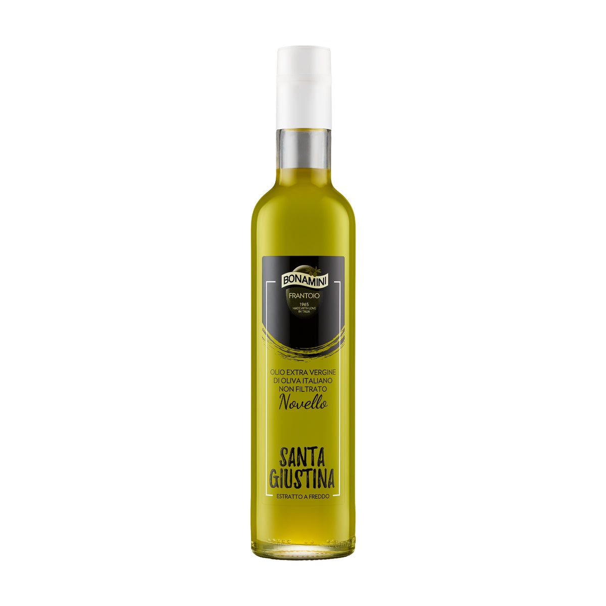Bonamini Santa Giustina Novello 500 ml extra virgin olive oil bottle from Veneto, Italy.