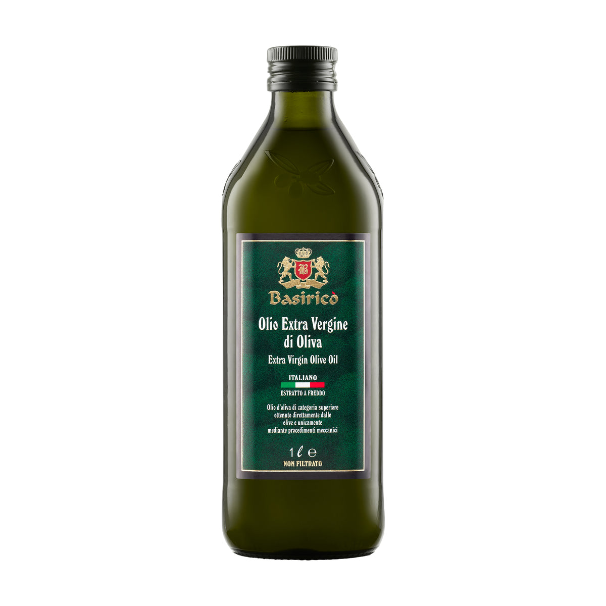 A 1L bottle of Basirico Unfiltered extra virgin olive oil from Sicily, Italy.