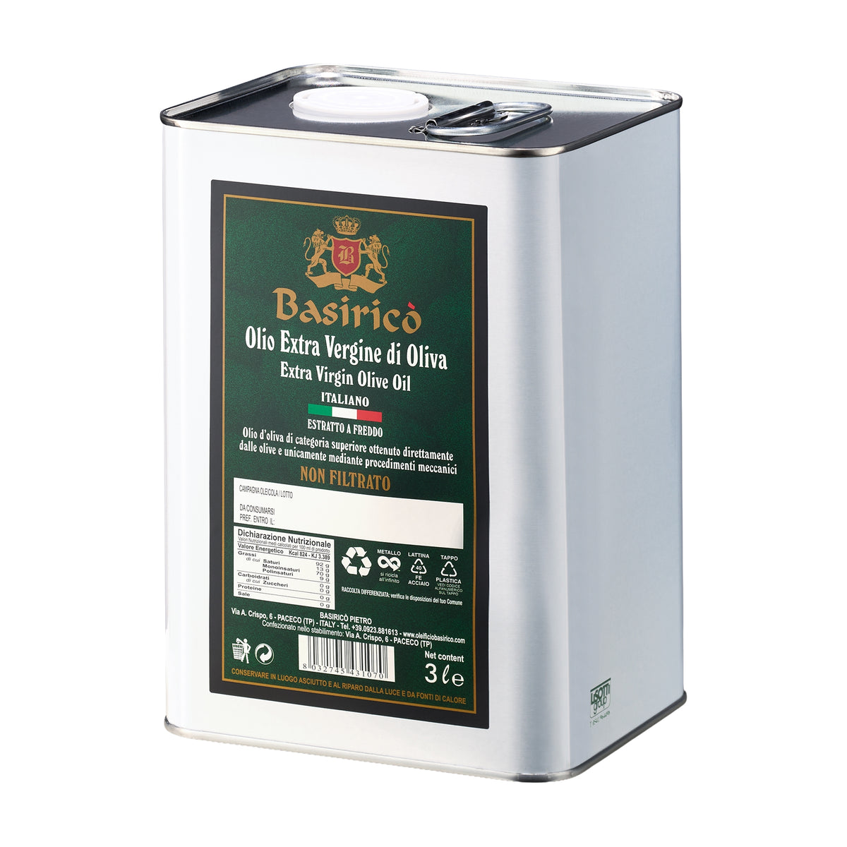 Angled view of Basirico Unfiltered 3L Tin extra virgin olive oil from Sicily, Italy.