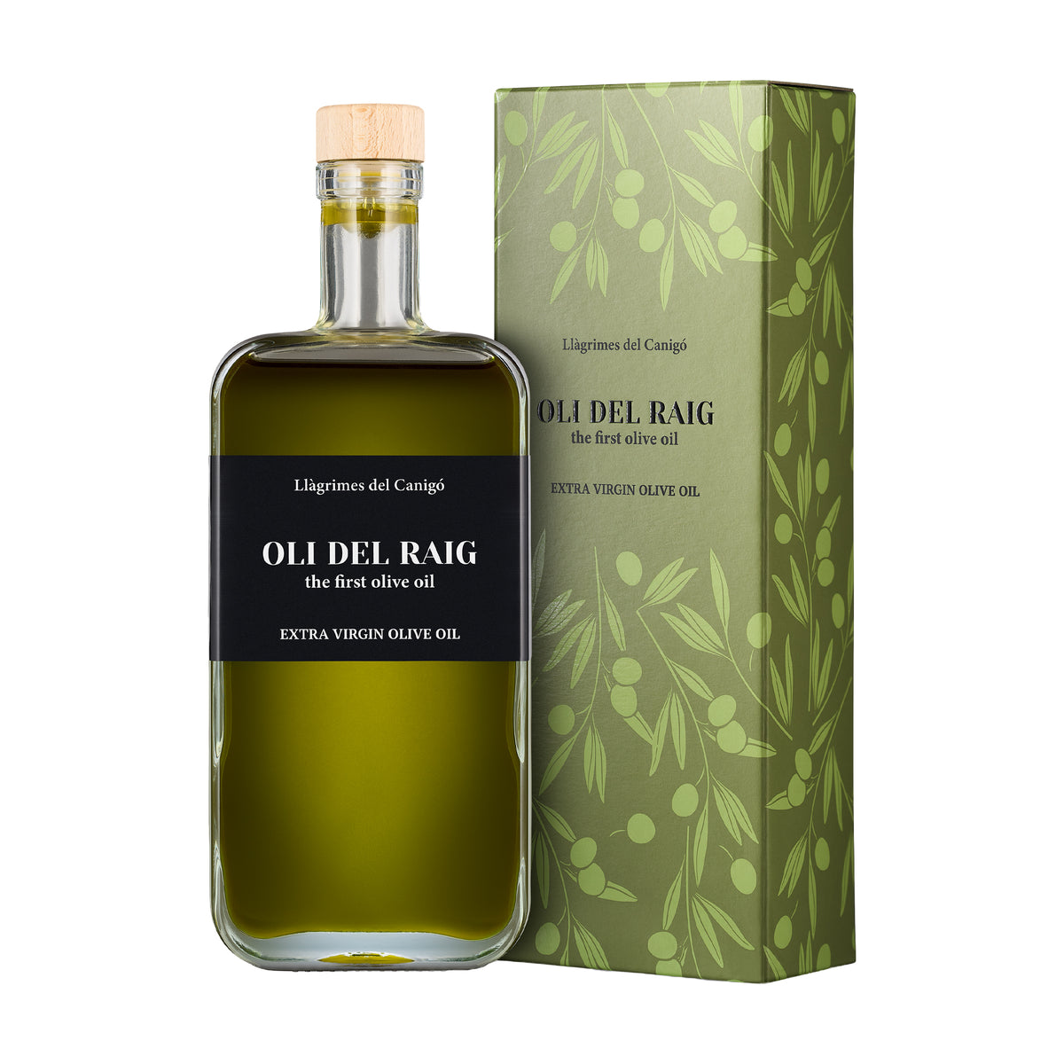 500 ml bottle of Llàgrimes del Canigó Oli del Raig Novello and its elegant gift box.