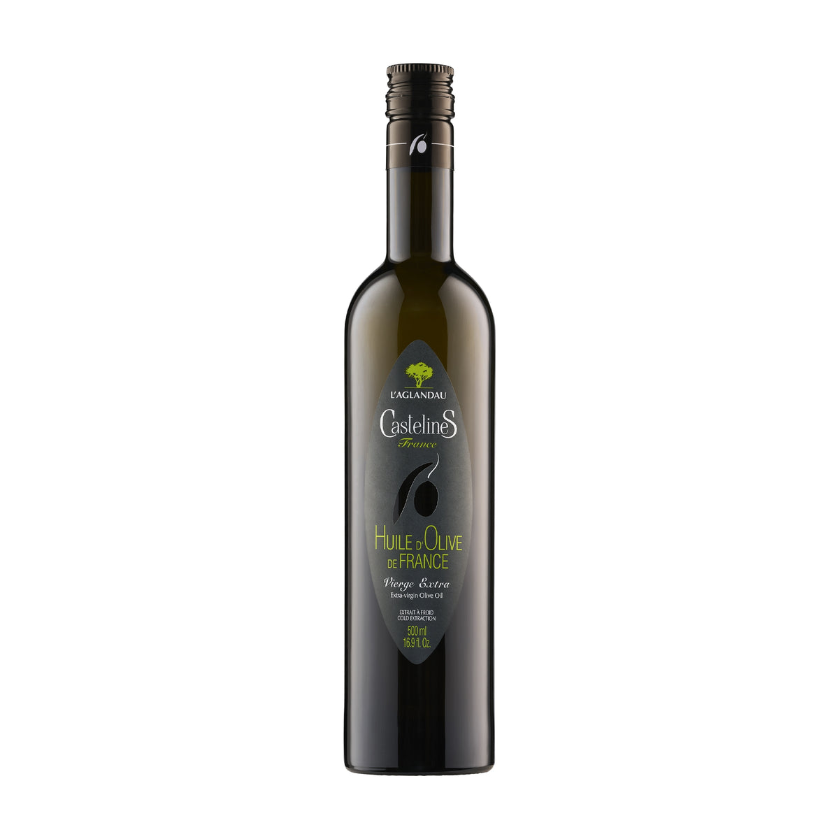 500 ml bottle of Castelines L'Aglandau extra virgin olive oil from France.