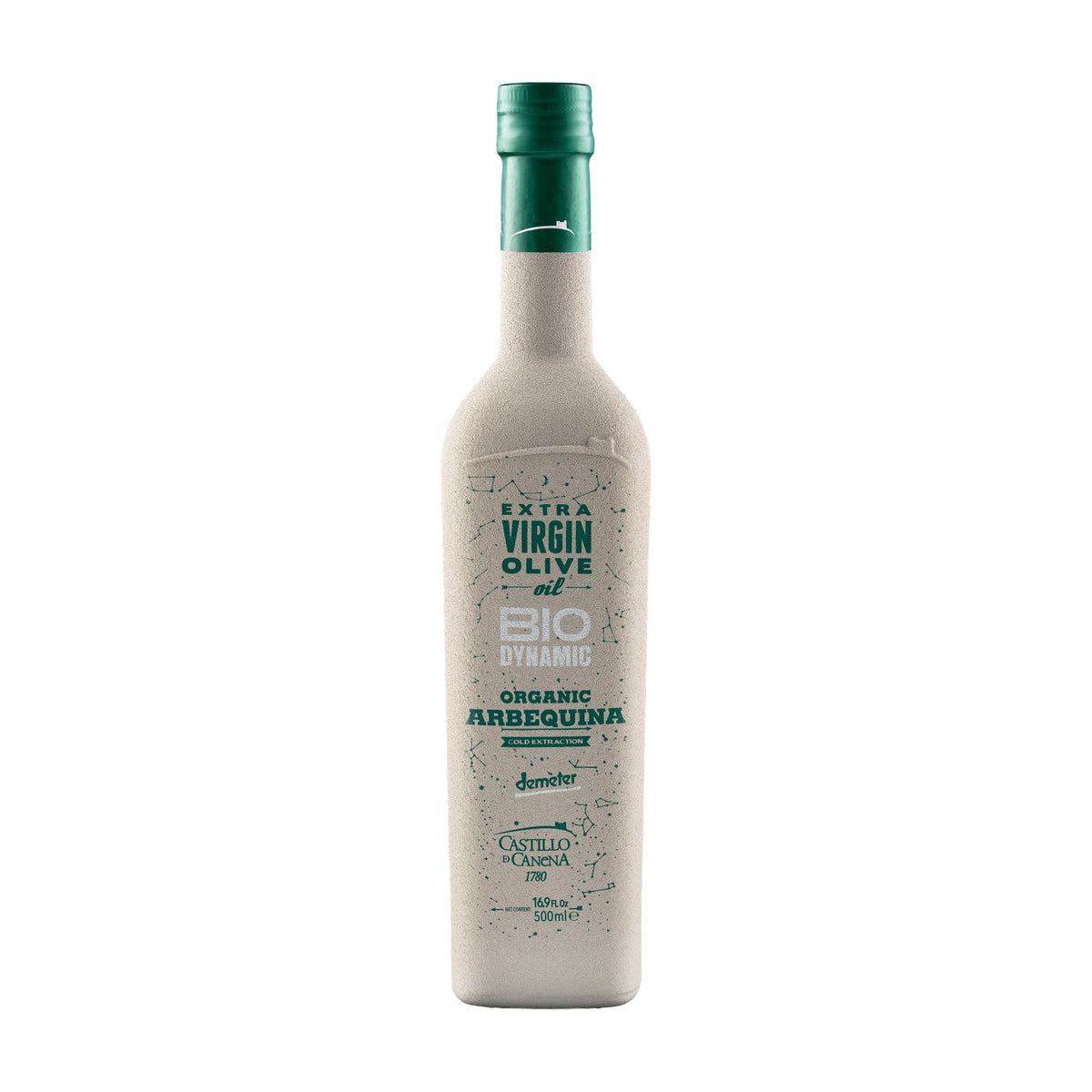 500 ml bottle of Castillo de Canena Biodynamic Arbequina extra virgin olive oil.