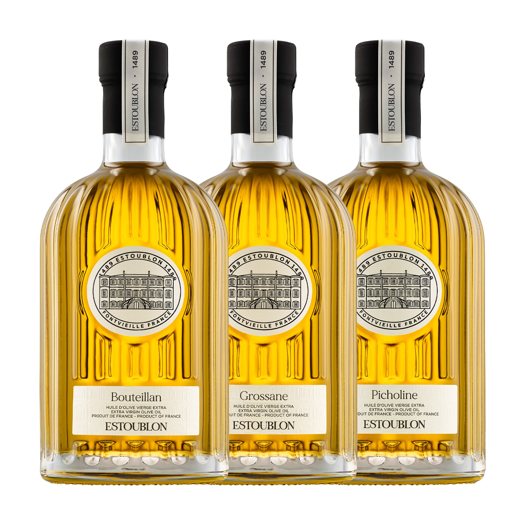 Three 500 ml olive oil bottles from Estoublon; Bouteillan, Grossane, and Picholine.