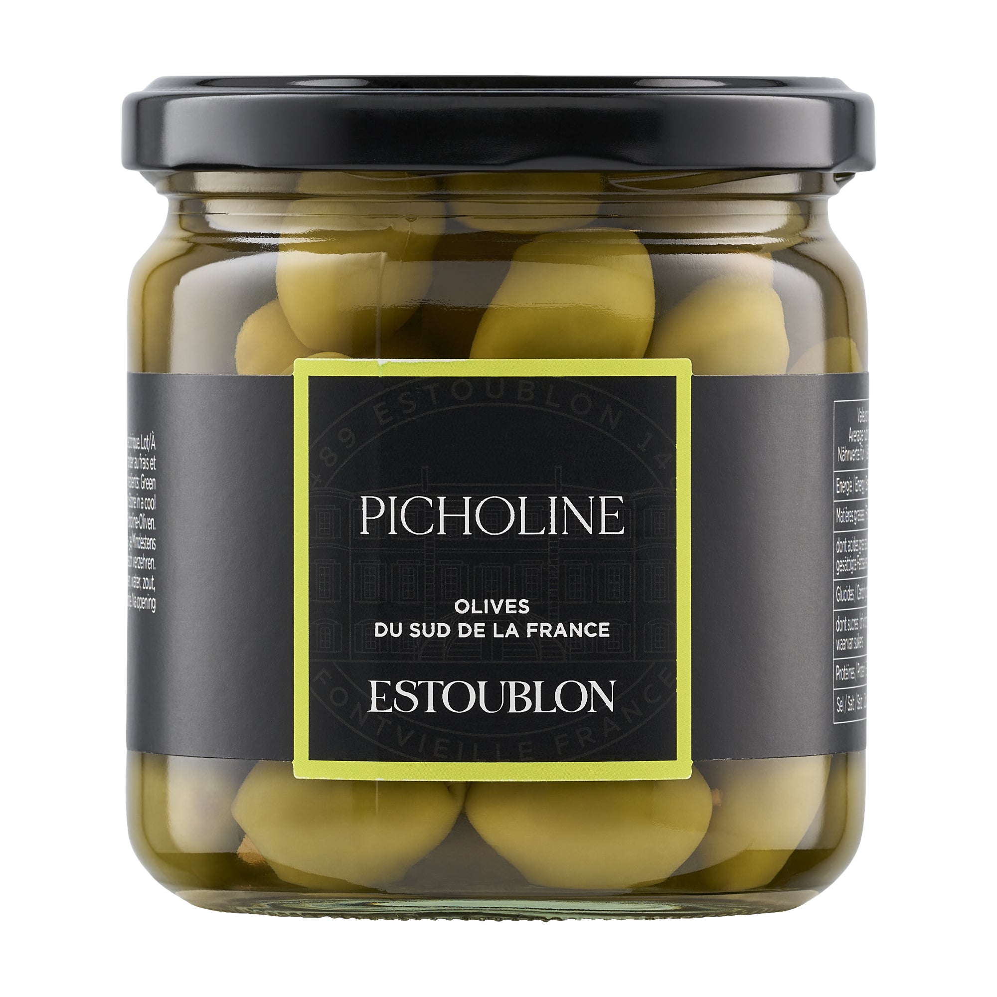 Estoublon Picholine Olives from France in a 360g glass jar.