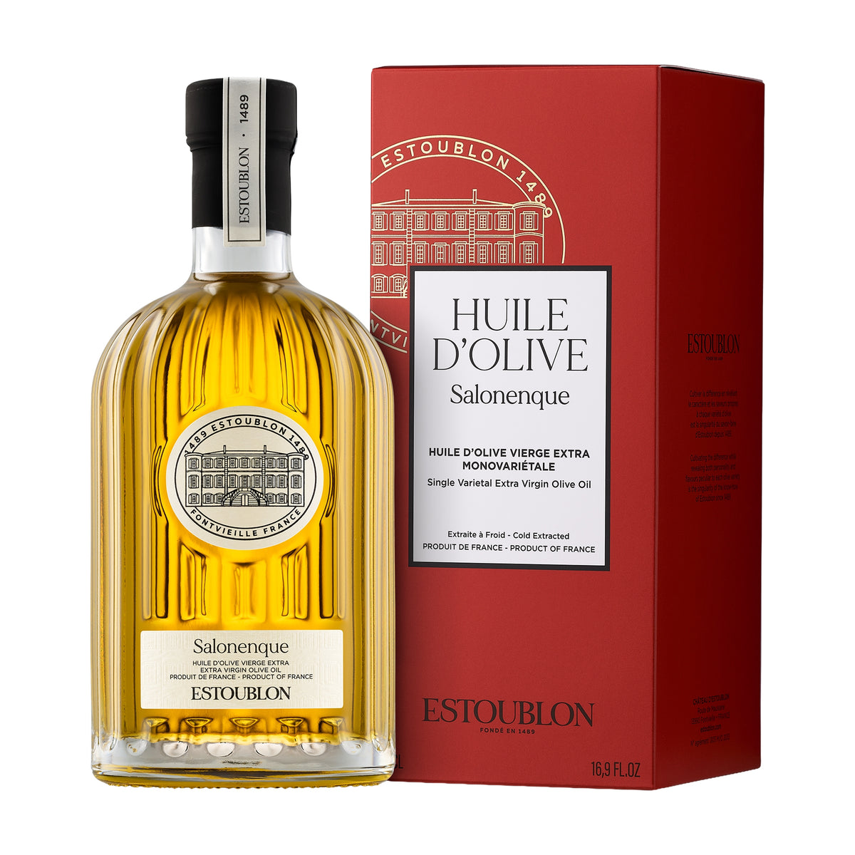 Estoublon Salonenque 500 ml olive oil bottle beside its elegant gift box.