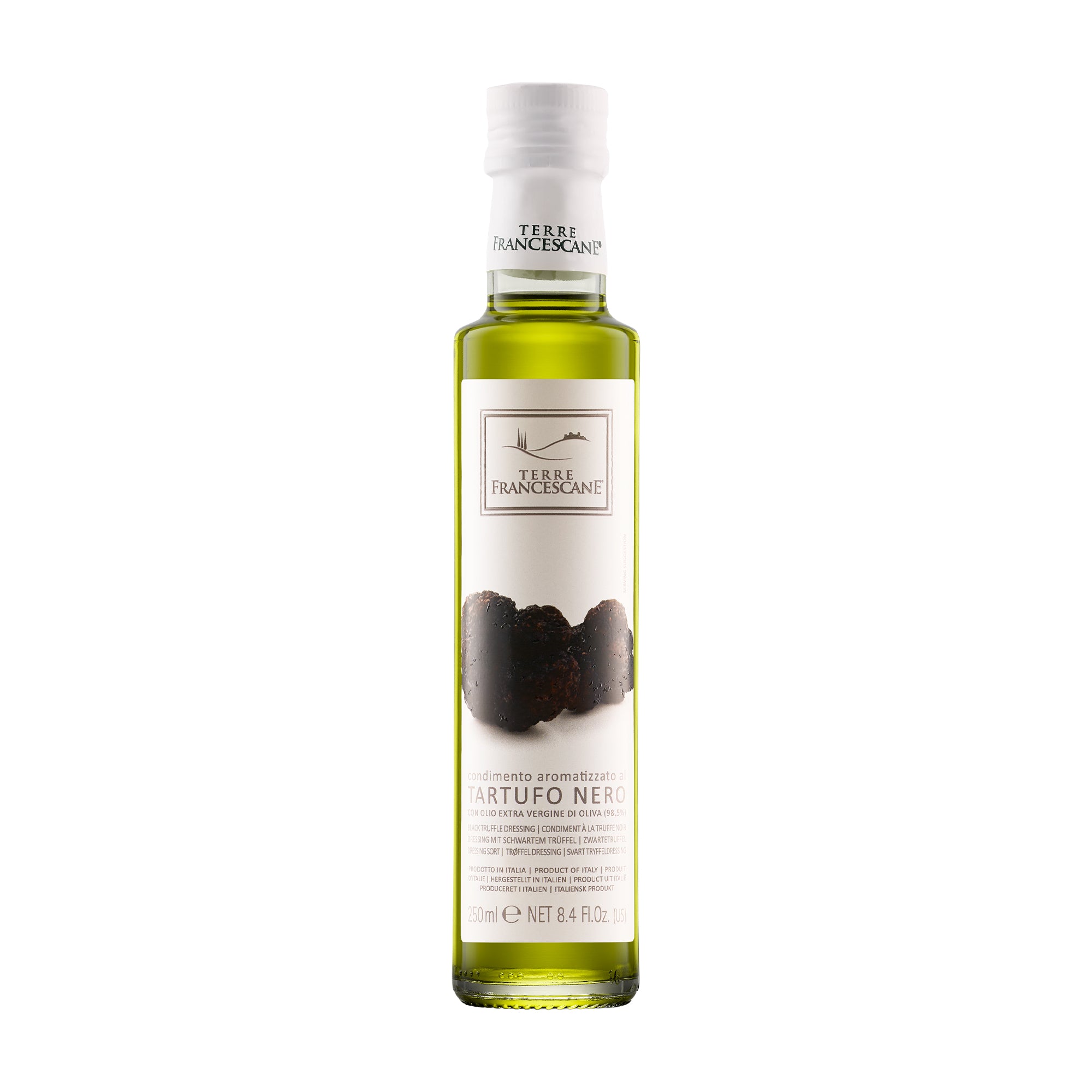 250 ml bottle of Terre Francescane Black Truffle extra virgin olive oil.