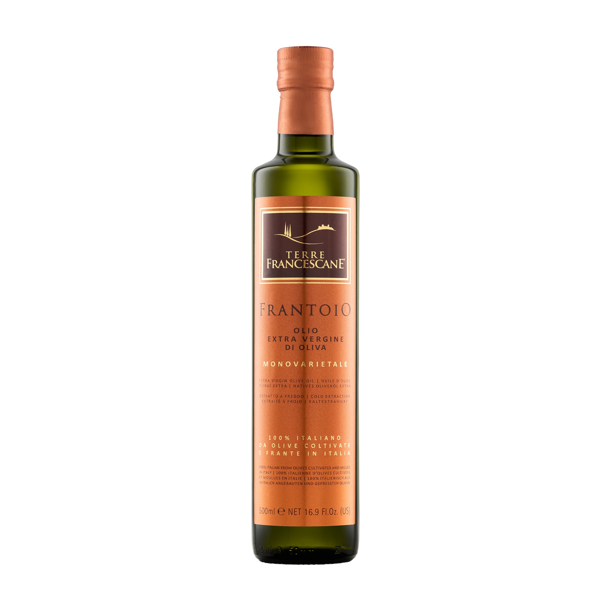 500 ml bottle of Terre Francescane Frantoio extra virgin olive oil from Umbria, Italy.