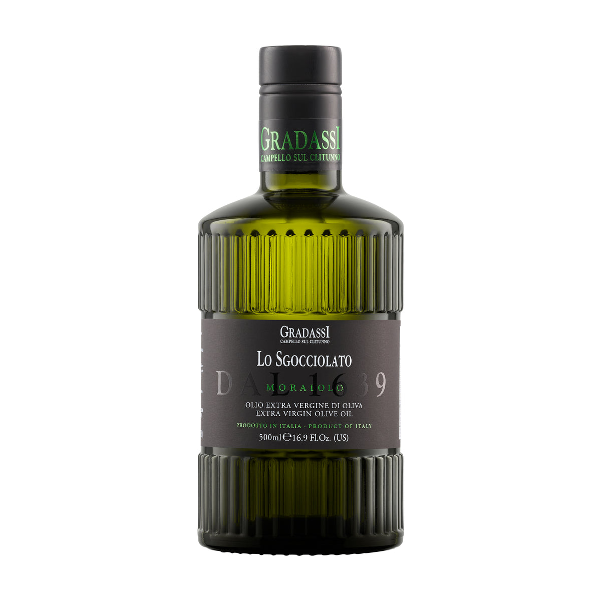 500 ml bottle of Gradassi Lo Sgocciolato Moraiolo extra virgin olive oil from Umbria, Italy.