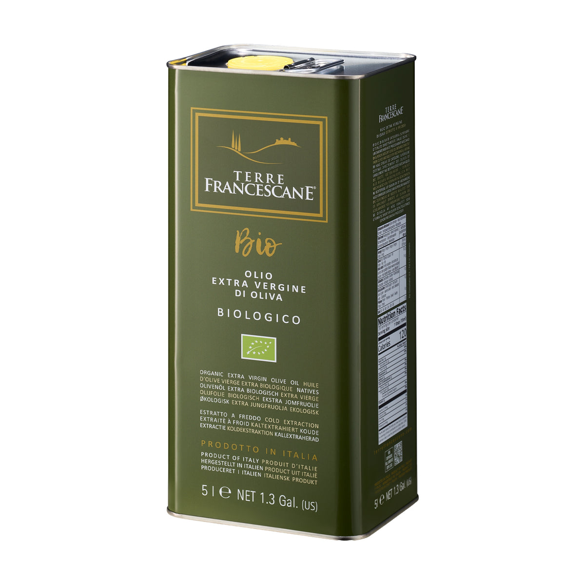 Angled view of Terre Francescane Organic 5L Tin extra virgin olive oil.