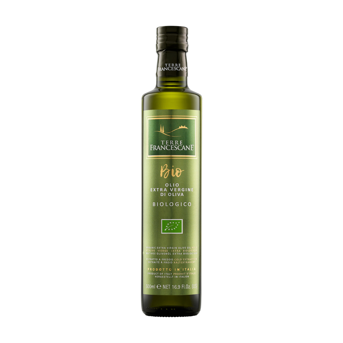Terre Francescane Organic extra virgin olive oil in a 500 ml bottle from Umbria, Italy.