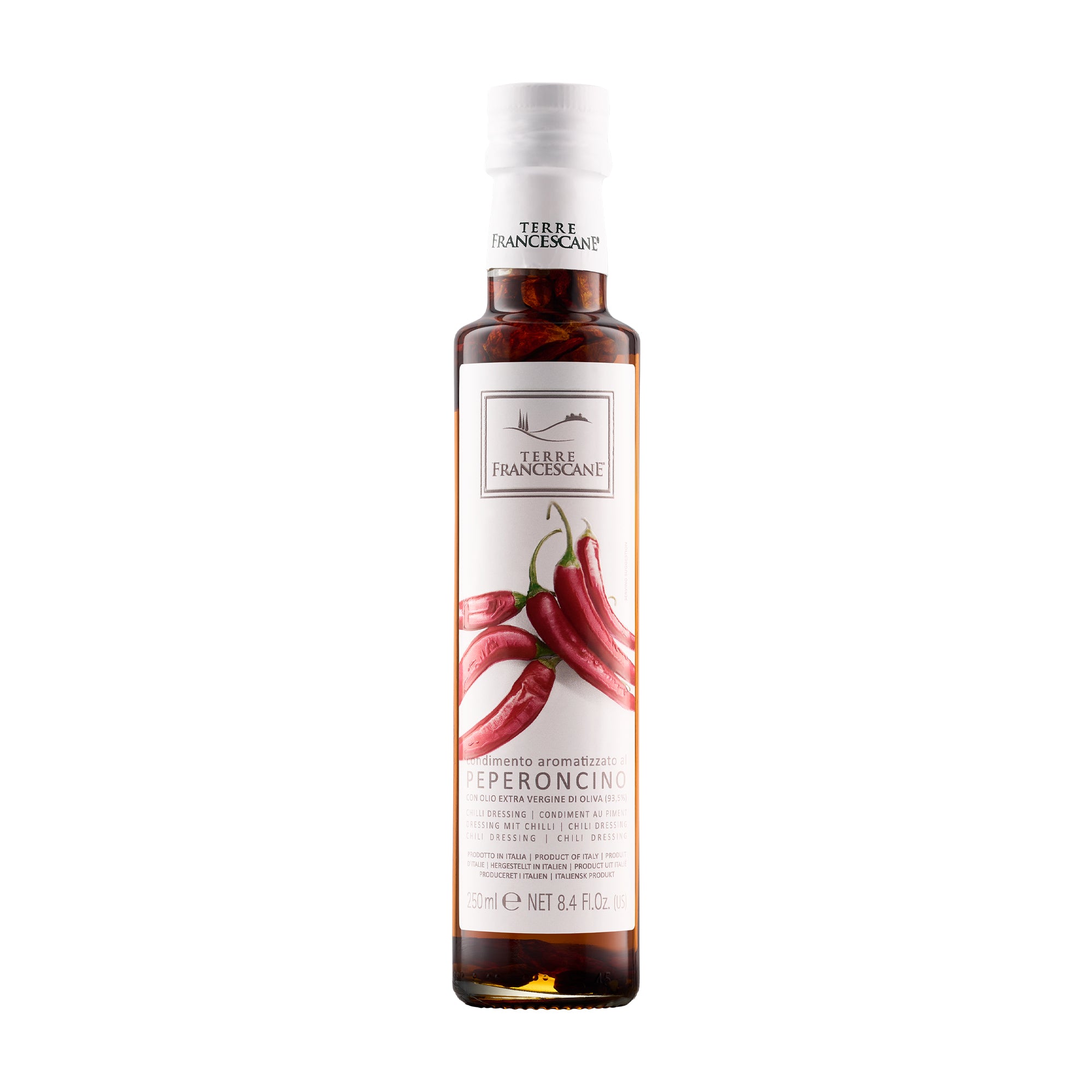 250 ml bottle of Terre Francescane Peperoncino infused extra virgin olive oil.