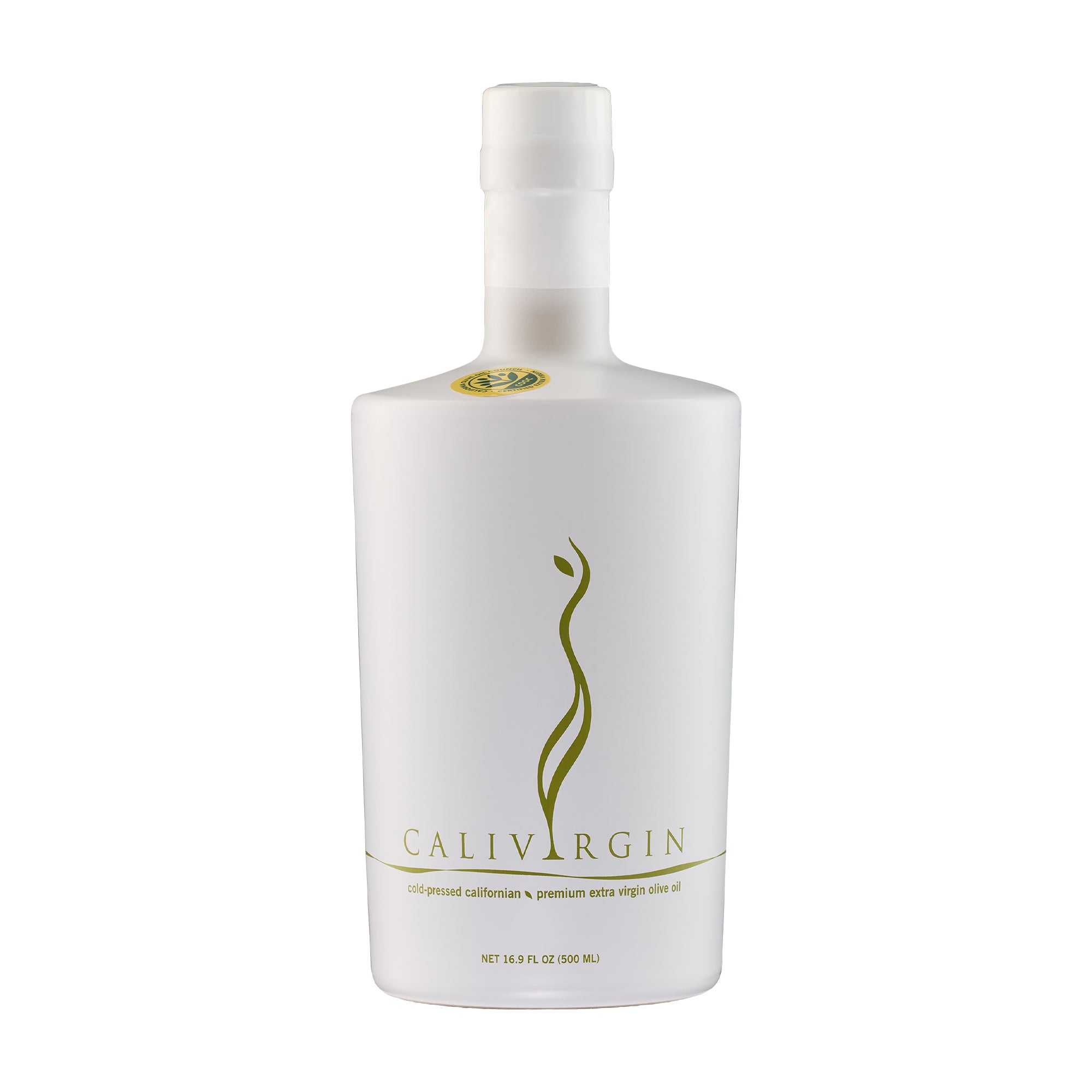 Calivirgin Premium California extra virgin olive oil in a 500 ml bottle.
