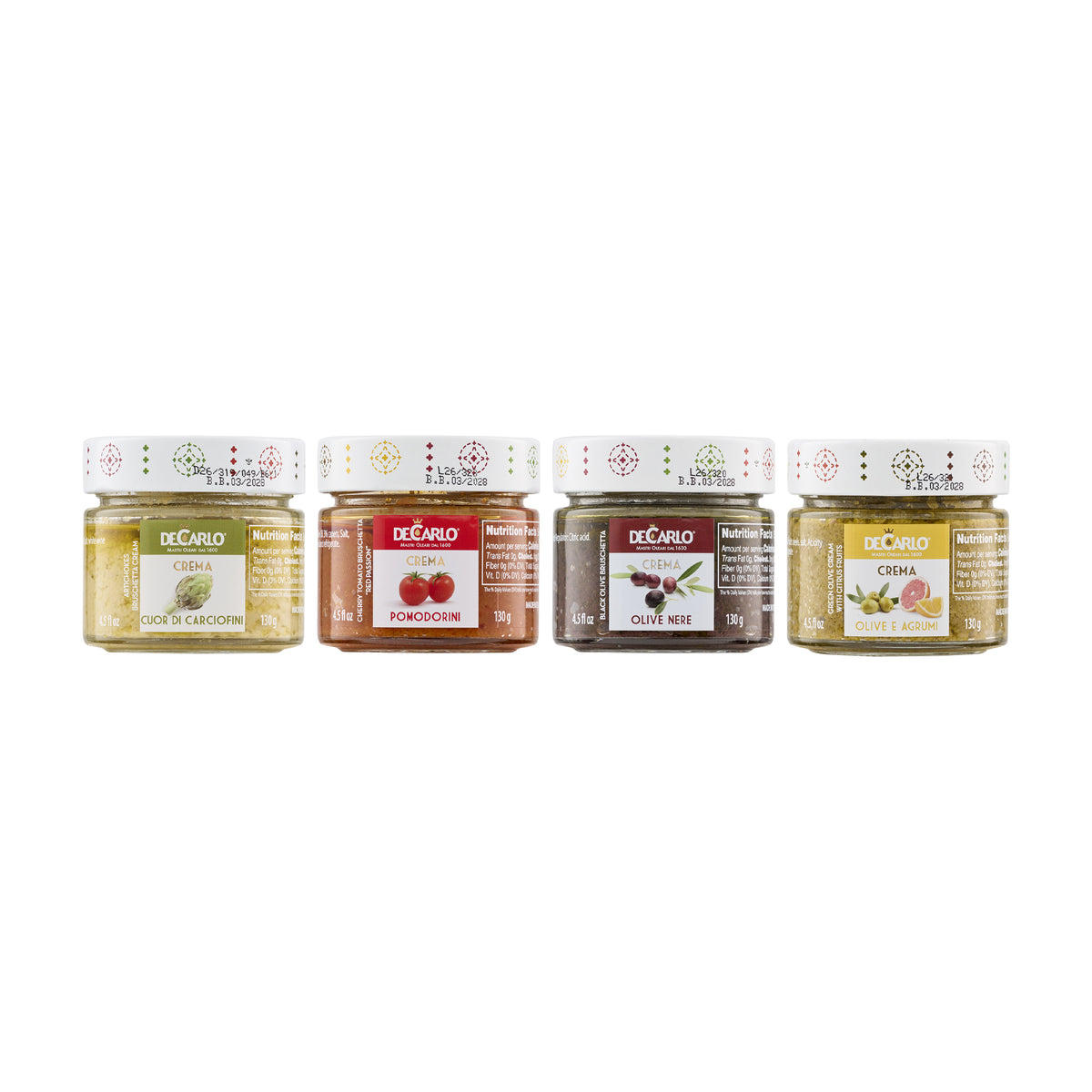 Four 130g De Carlo bruschetta spreads: artichoke, cherry tomato, black olive, and green olive with citrus.