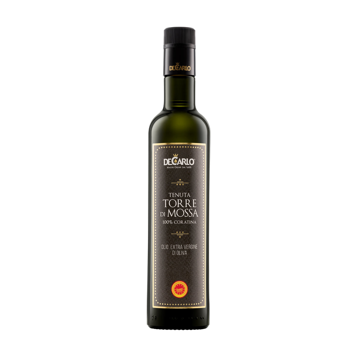 A 500 ml bottle of De Carlo Tenuta Torre di Mossa DOP Terra di Bari extra virgin olive oil, from Puglia, Italy.