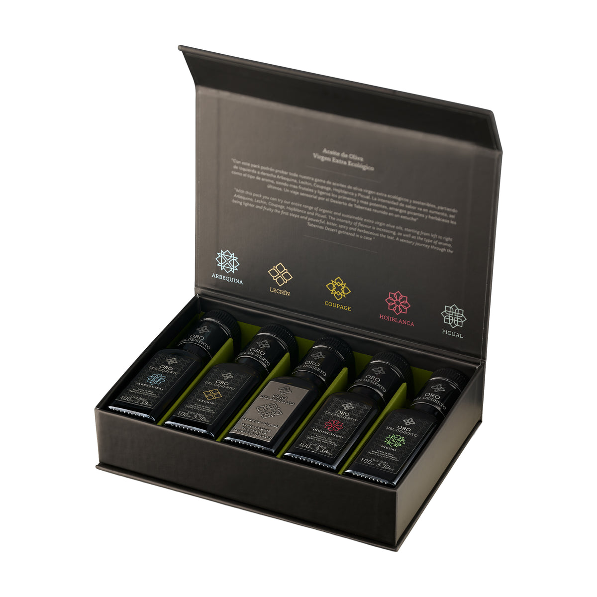 Open Oro del Desierto Organic Deluxe Gift Set with five 100 ml Spanish extra virgin olive oils.