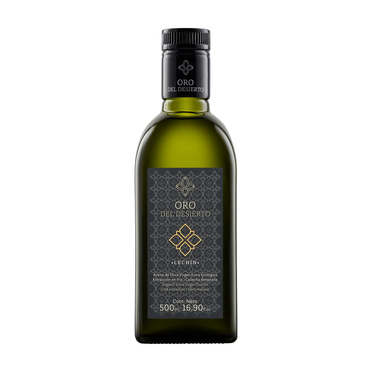 A 500 ml bottle of Oro del Desierto Organic Lechin extra virgin olive oil.