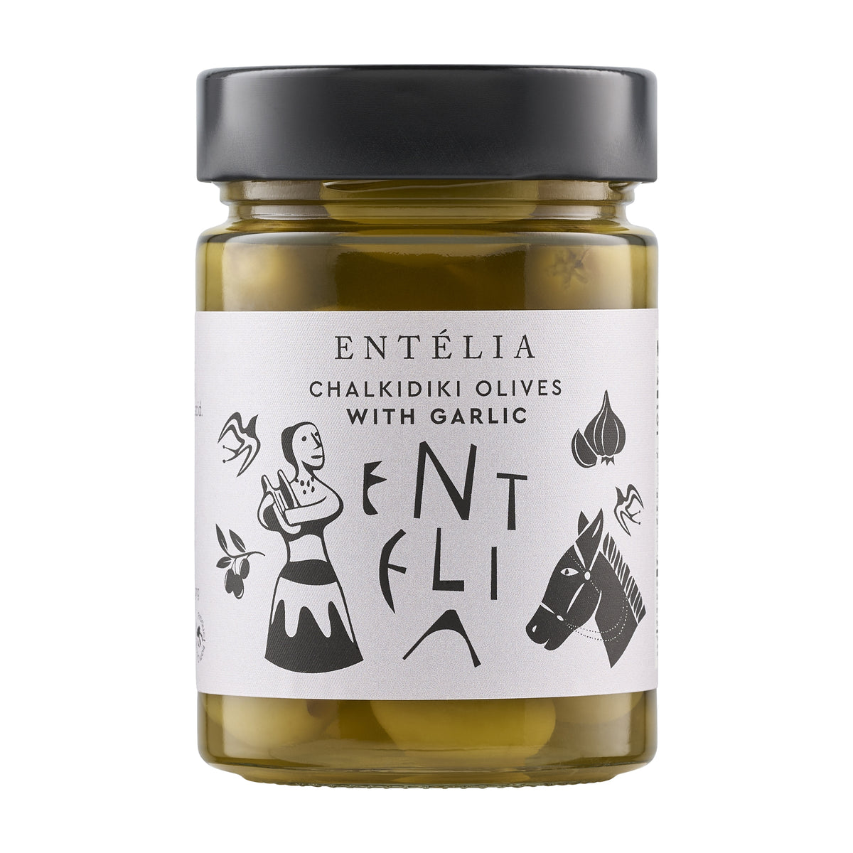 360g jar of Entelia Chalkidiki Olives with Garlic from Greece.