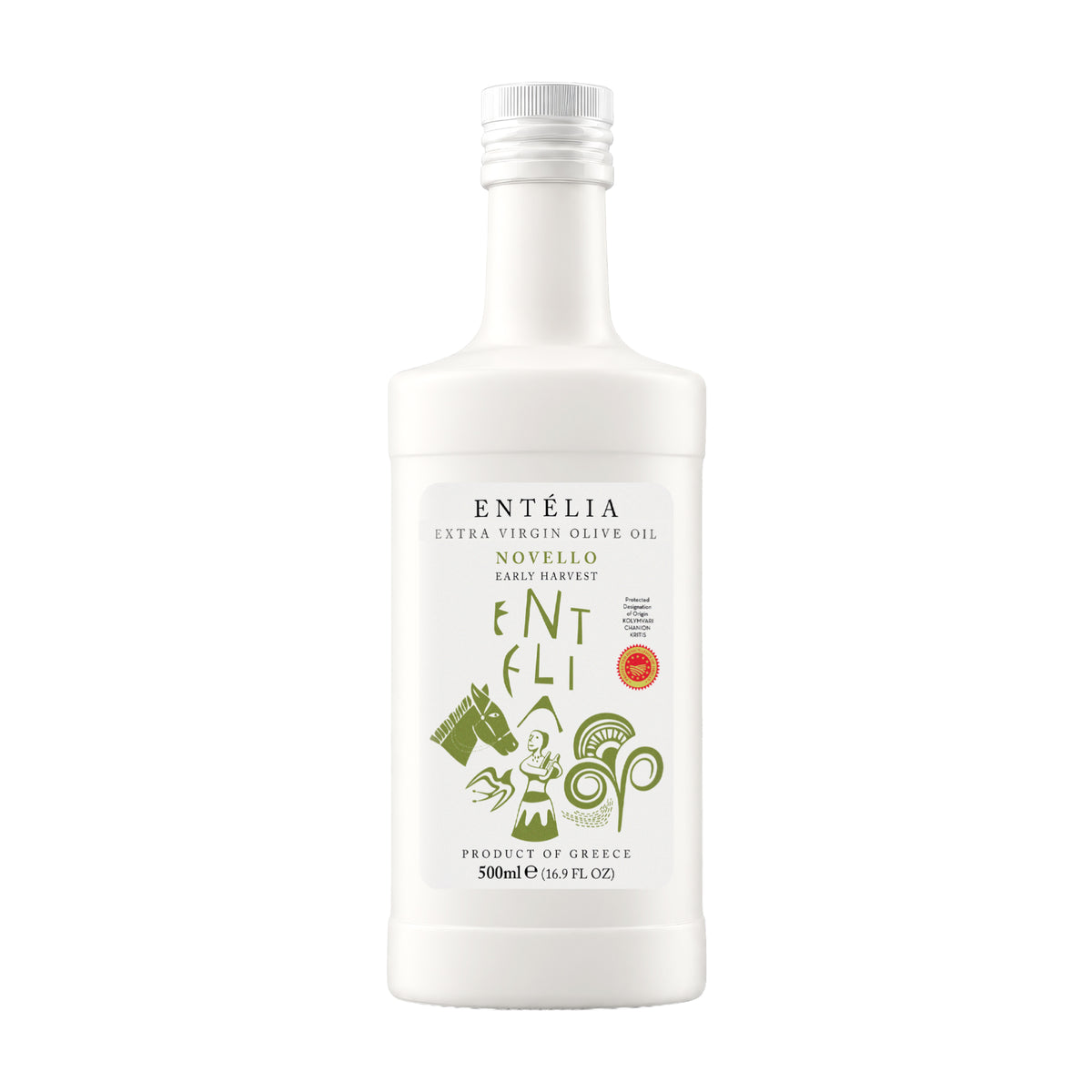 Entelia Novello 500ml extra virgin olive oil bottle.