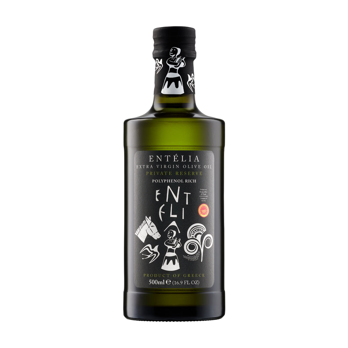 500ml Entelia Private Reserve extra virgin olive oil in a dark glass bottle.