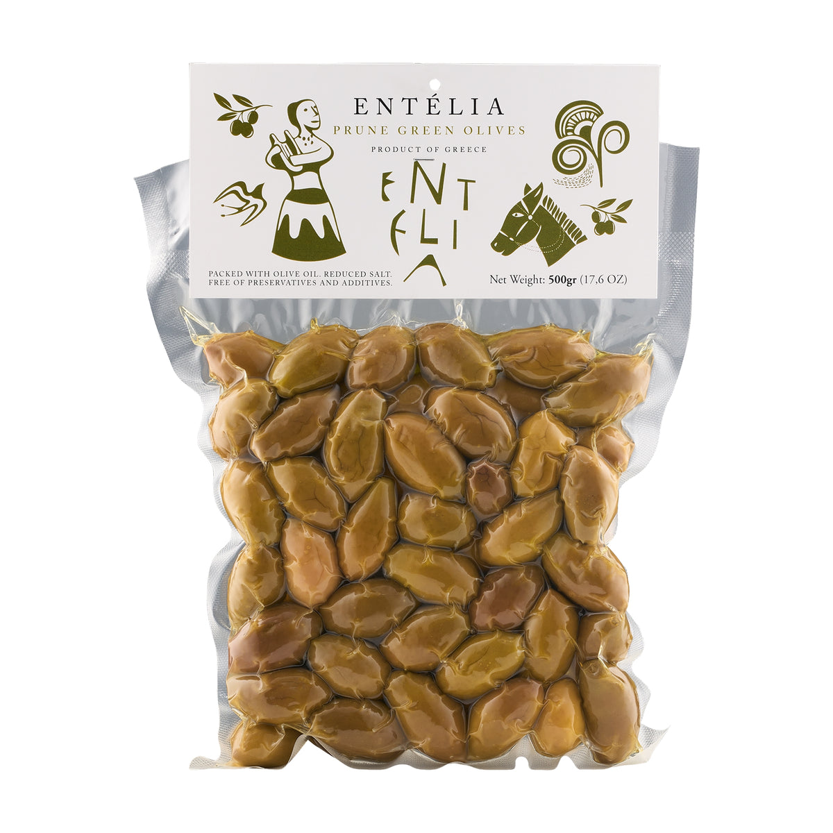 500gr vacuum bag of Entelia Prune Green Olives from Greece.
