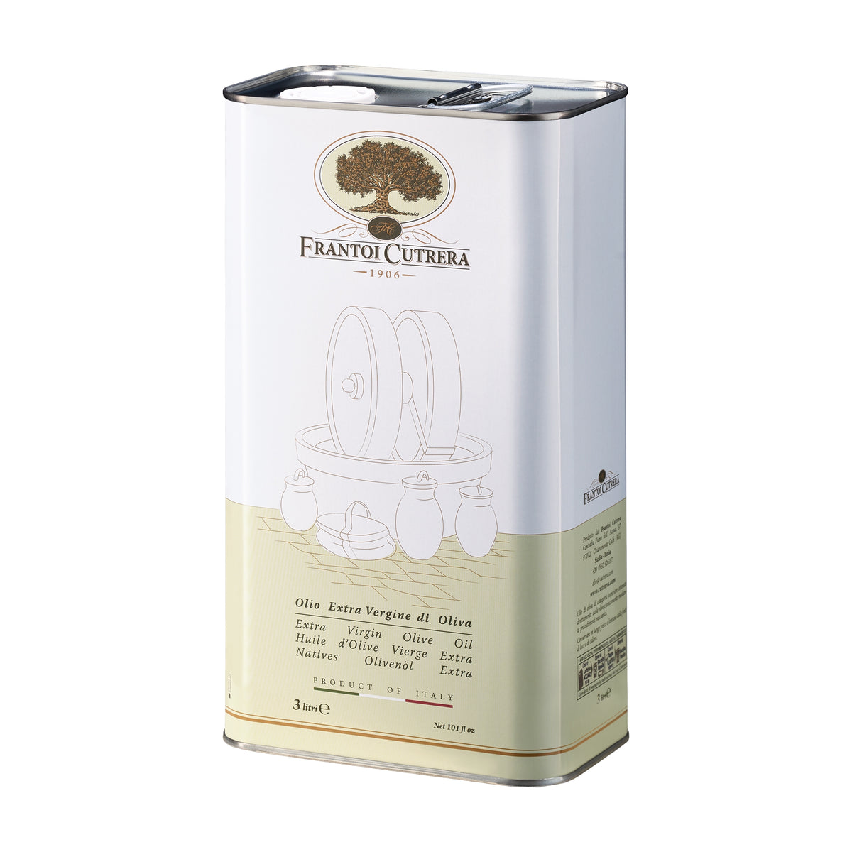 Angled view of Frantoi Cutrera 3L Tin extra virgin olive oil.