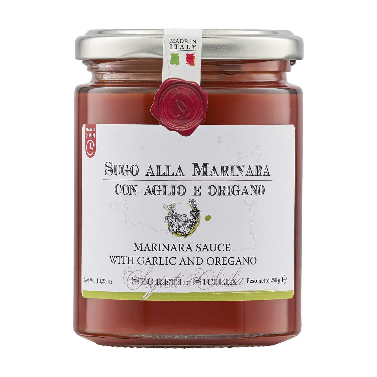 290g jar of Frantoi Cutrera Garlic & Oregano Tomato Sauce from Italy.