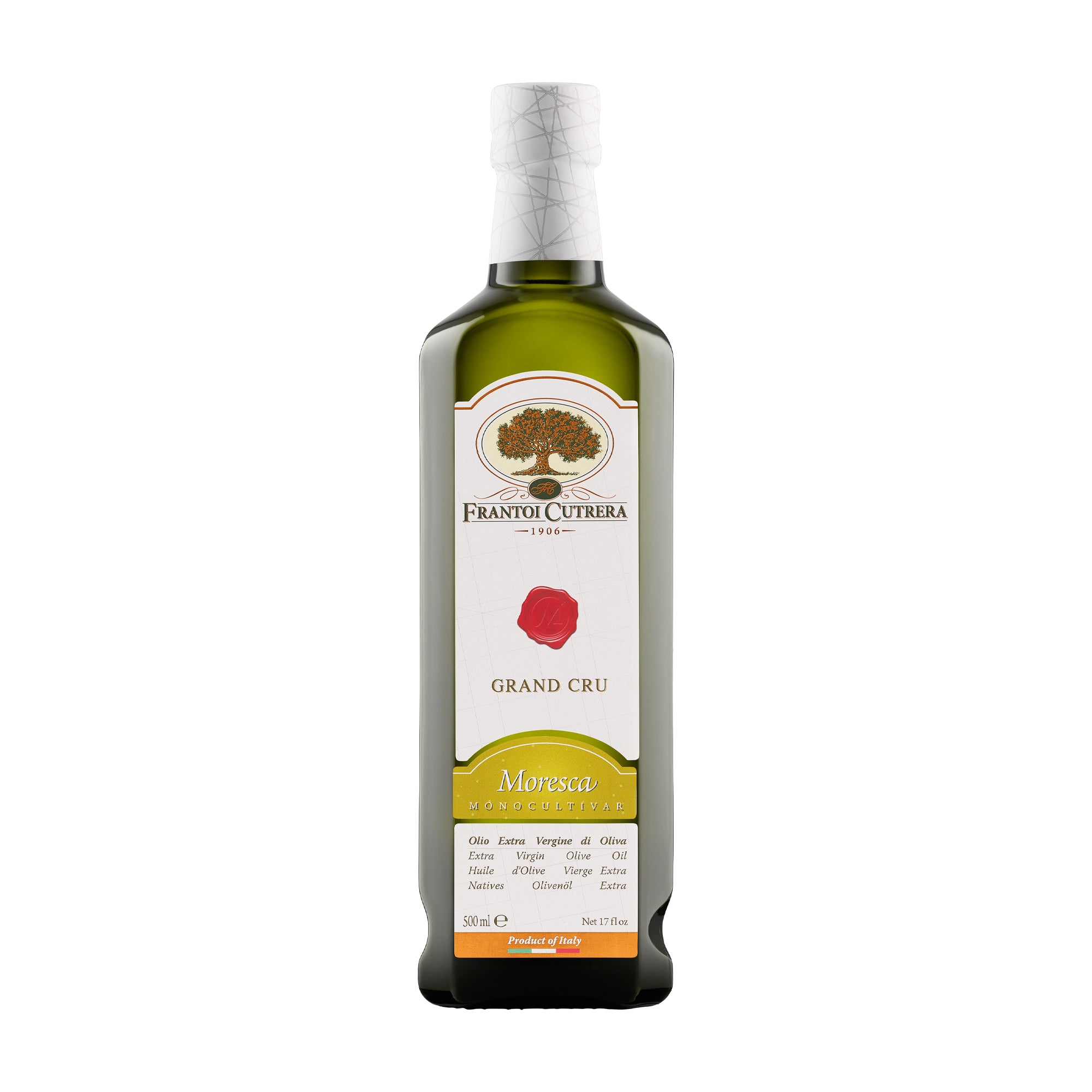 A 500 ml bottle of Frantoi Cutrera Grand Cru Moresca monocultivar extra virgin olive oil.