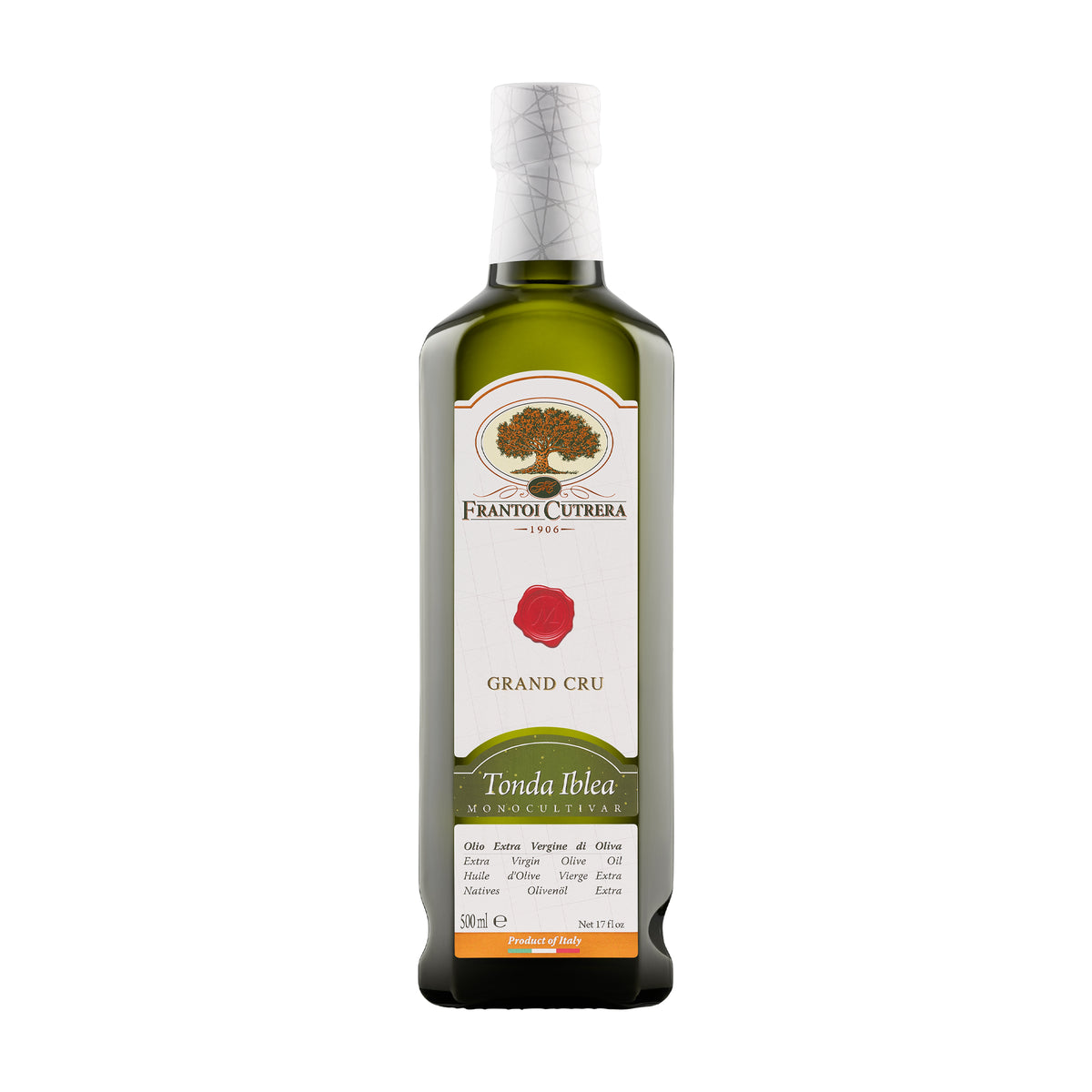 A 500 ml bottle of Frantoi Cutrera Grand Cru Tonda Iblea from Sicily, Italy.
