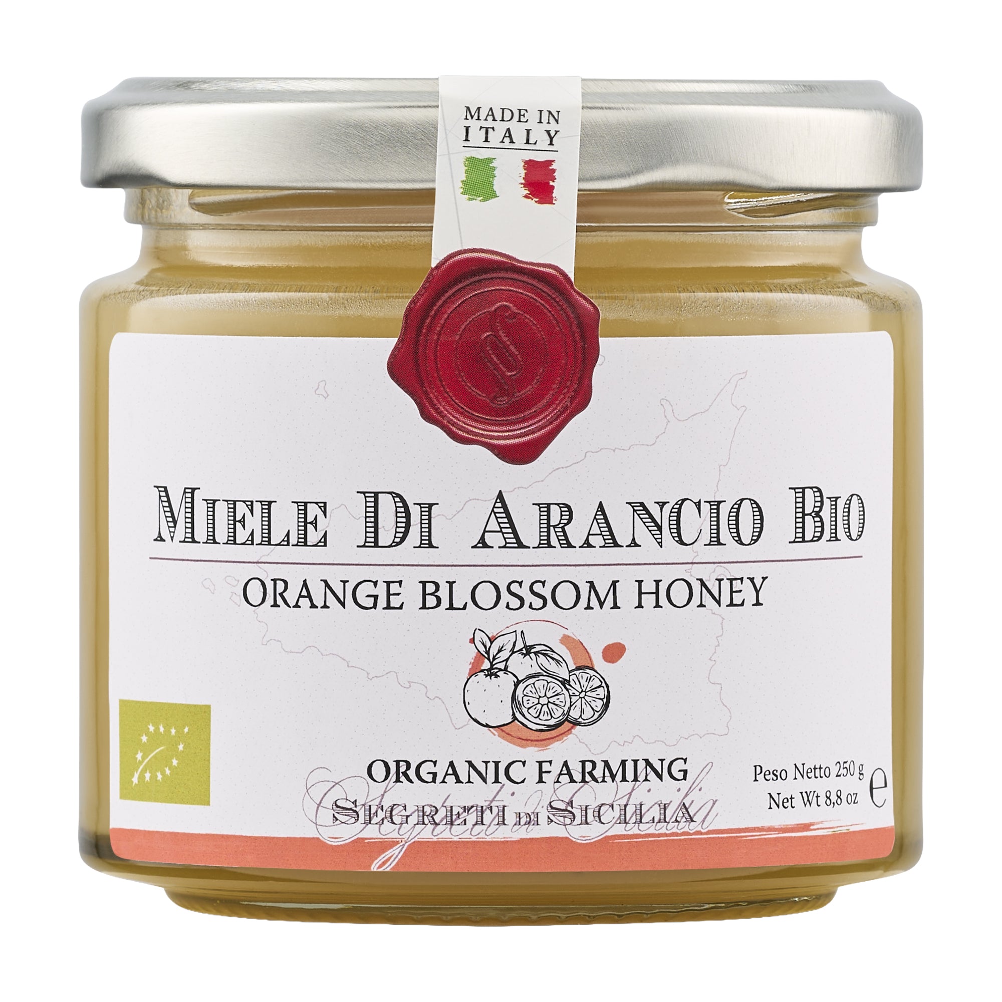 250g jar of Frantoi Cutrera Organic Orange Blossom Honey from Italy.