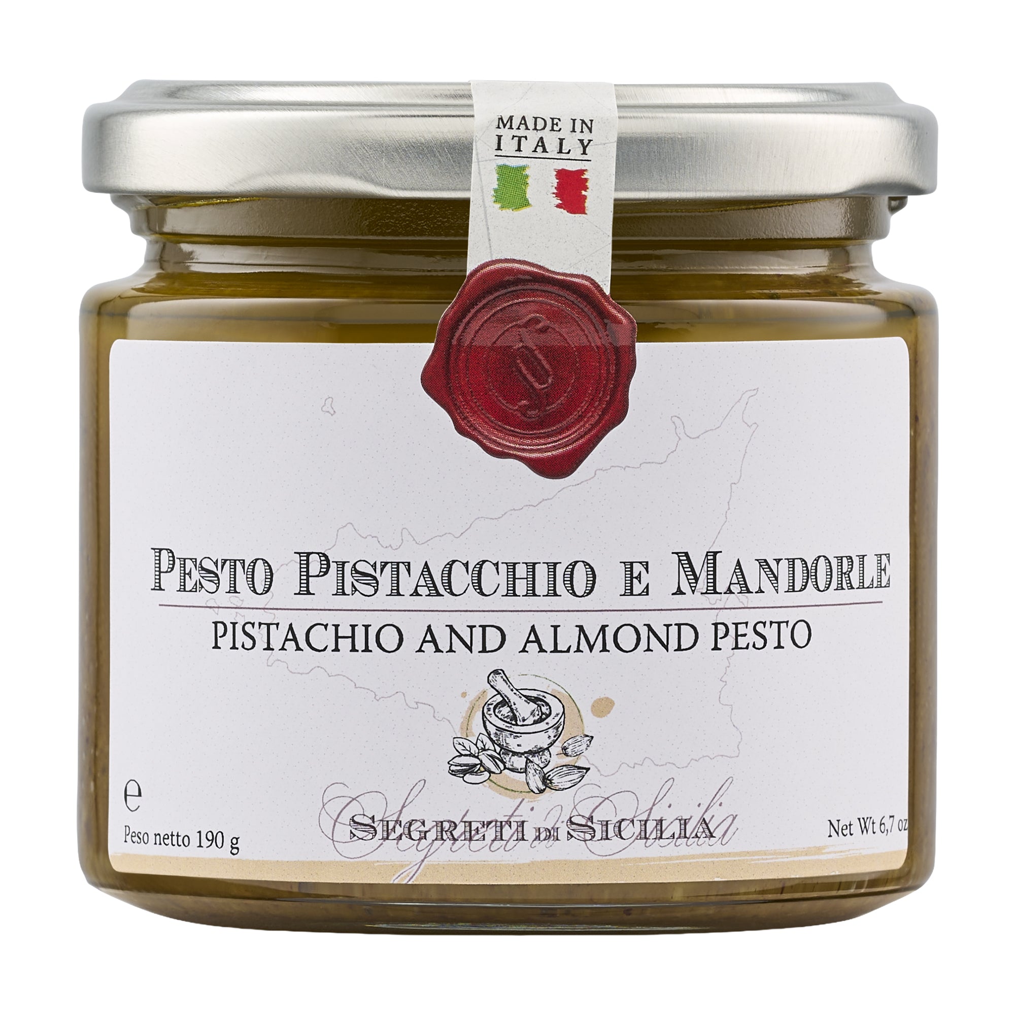 Frantoi Cutrera Pistachio and Almond Pesto in a 190g glass jar.